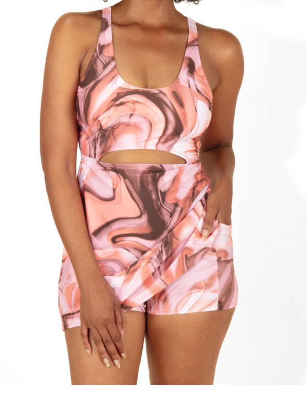 Outdoor Voices Pink Camo Swim Dress 1PC Scoop Neck L UPF 50+ Built-in Shorts NWT